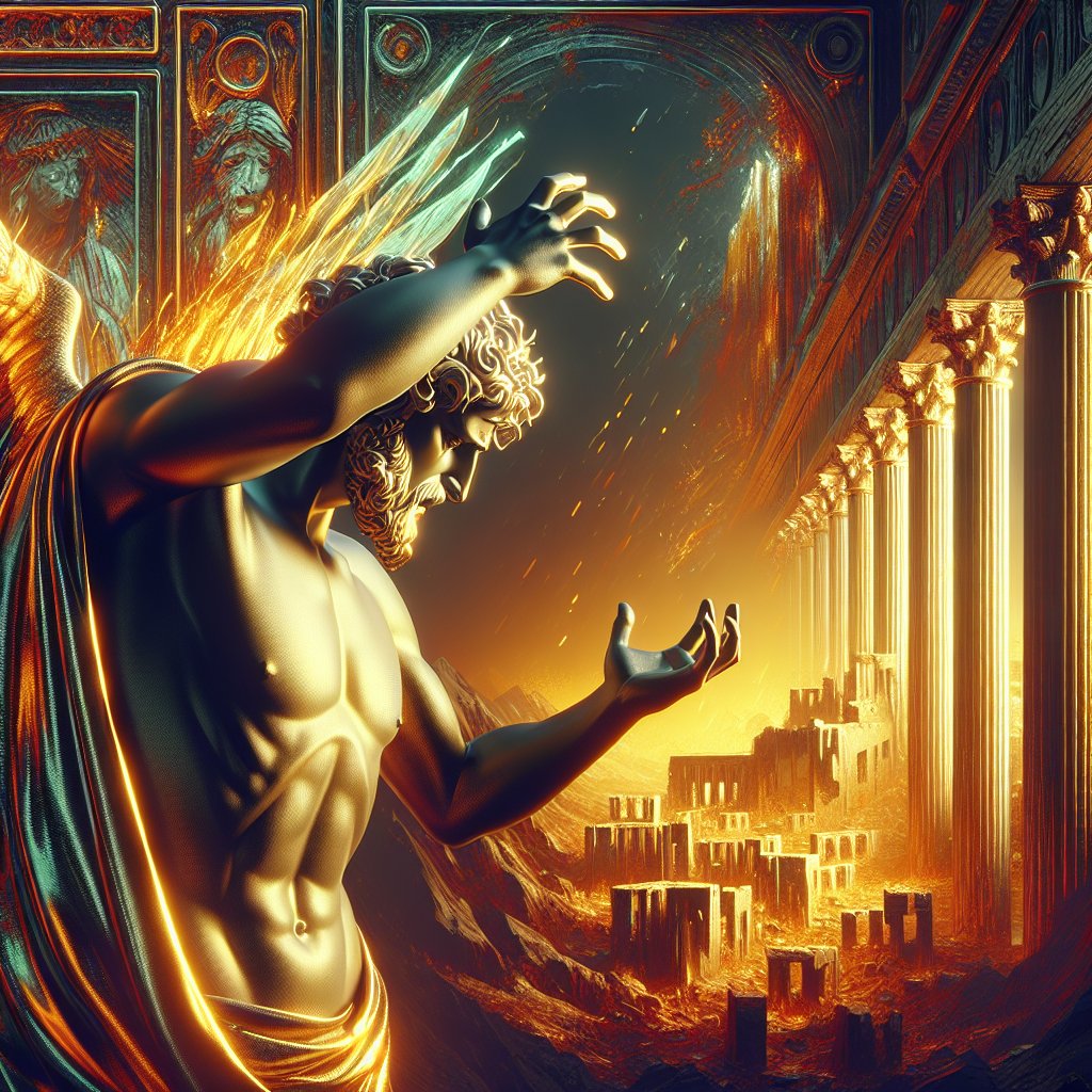Ezekiel 27:2 - "Now, thou son of man, take up a lamentation for Tyrus;"
Render a symbolic image representing Ezekiel 27:2 - 'Now, thou son of man, take up a lamentation for Tyrus;'. The image should be in the style commonly seen in digital art, showcasing vivid colours and sharp contrasts. The scene contains a figure representing the 'son of man', with an expression of sorrow and grief, hands lifted in lament. In the background, the ancient city of Tyrus fades into obscurity, suggesting the lament for its impending fate. The overall tone and theme of the image should reflect the sorrowful and solemn nature of the text.