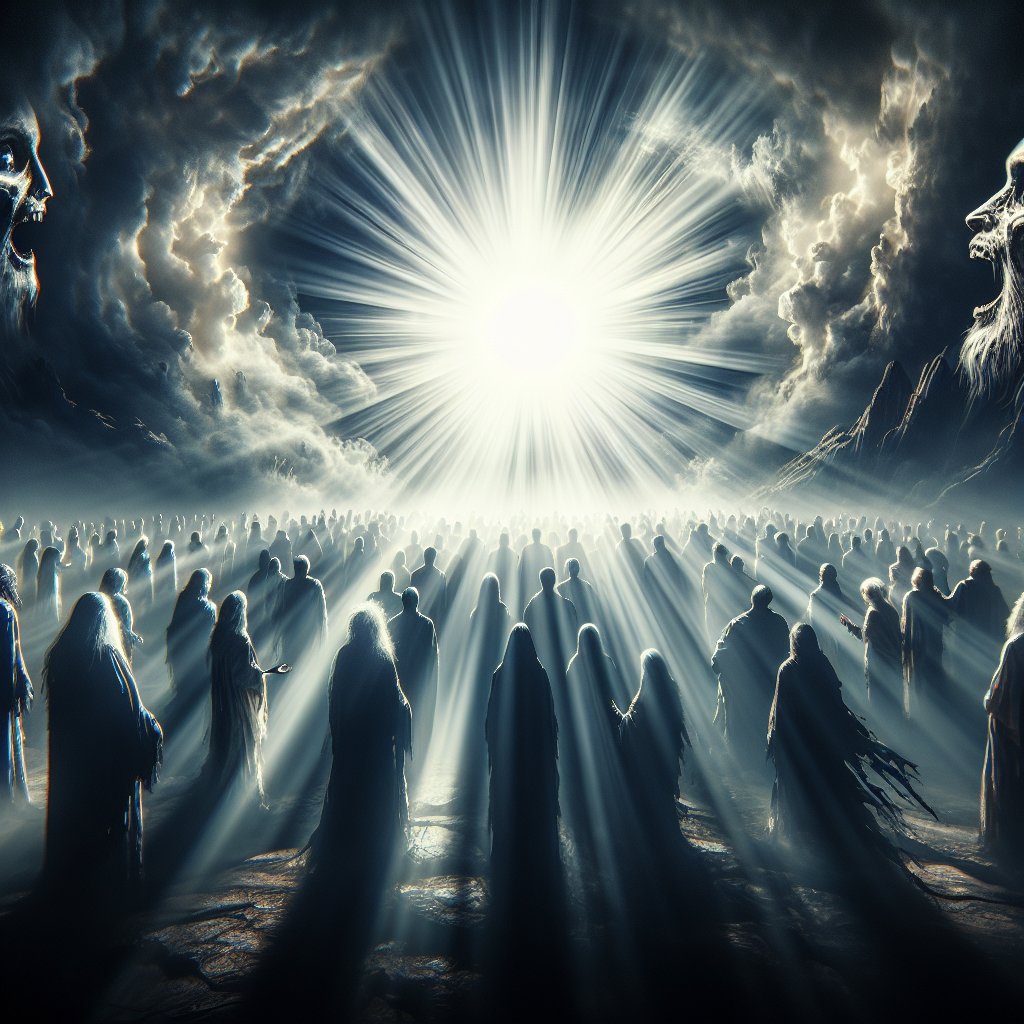 Matthew 4:16 - "The people which sat in darkness saw great light; and to them which sat in the region and shadow of death light is sprung up."
Create a digital art image that captures the essence of the religious quote from Matthew 4:16 - 'The people which sat in darkness saw great light; and to them which sat in the region and shadow of death light is sprung up.' Let the scene be respectful and devotional toward Christianity, showing tormented souls in darkness, their faces lit in awe and reverence as an overwhelming radiance breaks through the oppressive gloom. This light represents hope, redemption, and divine intervention. Remember not to include any words or text in the image.