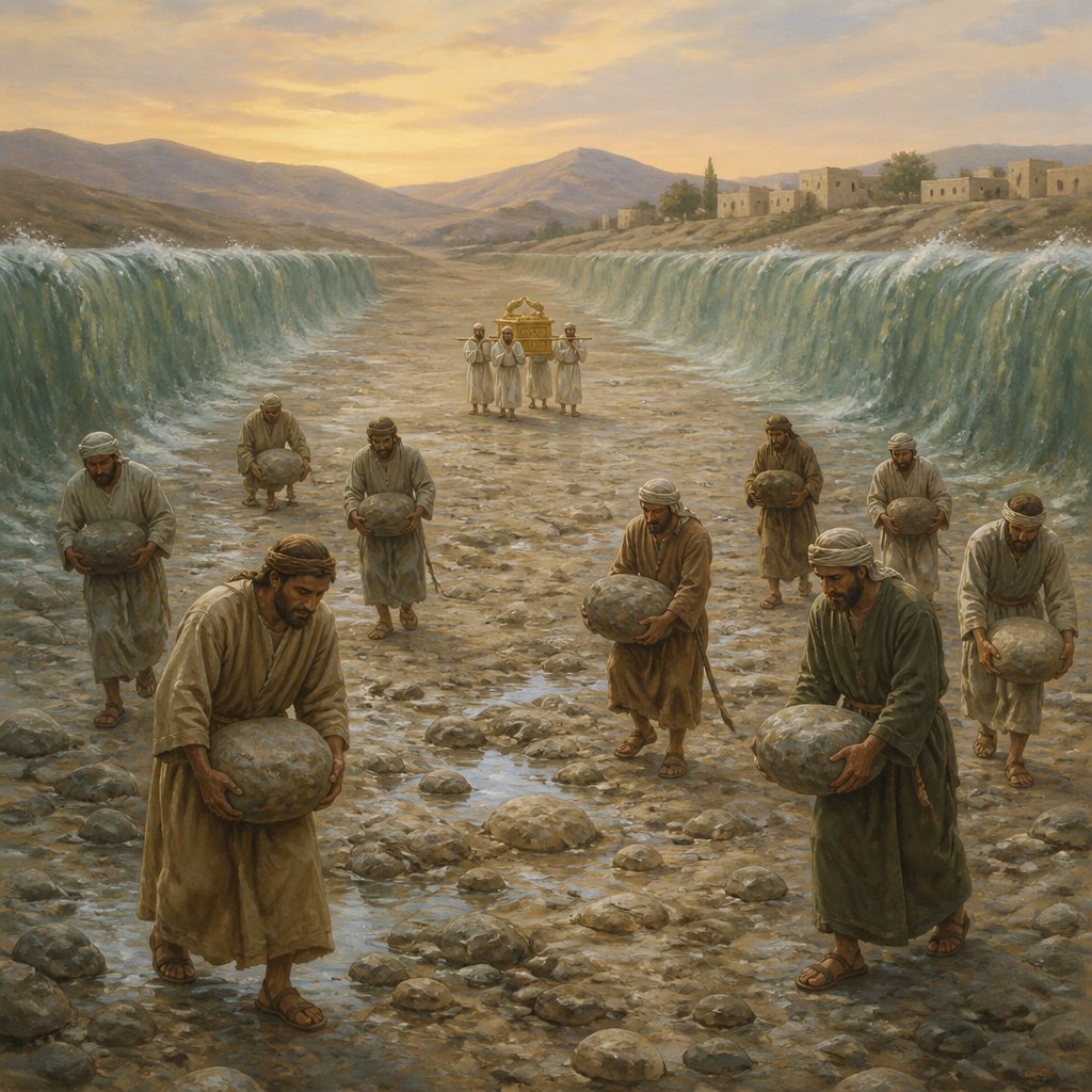 "And command ye them, saying, Take you hence out of the midst of Jordan, out of the place where the priests’ feet stood firm, twelve stones, and ye shall carry them over with you, and leave them in the lodging place, where ye shall lodge this night." - Joshua 4:3