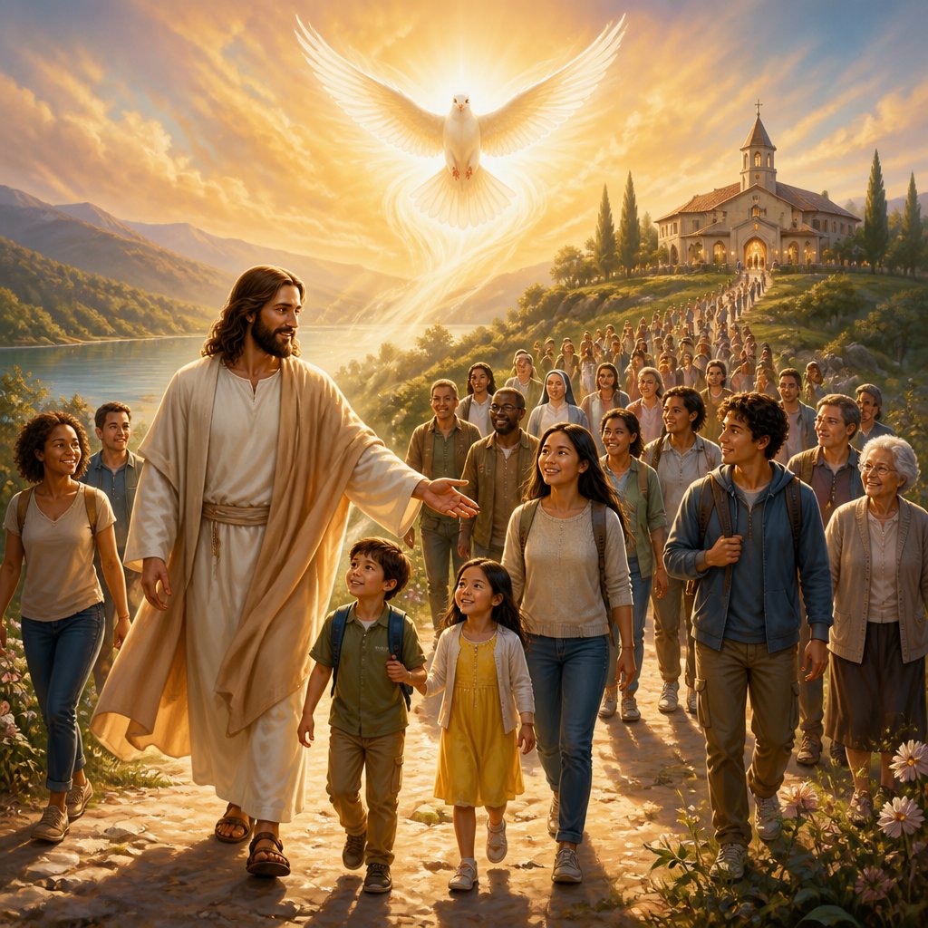 General scene of Jesus and the Holy Spirit leading diverse people of all ages to a catholic retreat