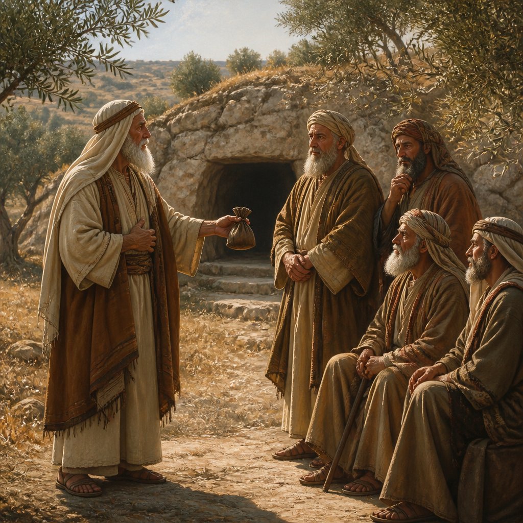 "That he may give me the cave of Machpelah, which he hath, which is in the end of his field; for as much money as it is worth he shall give it me for a possession of a buryingplace amongst you." - Genesis 23:{verse.verse_number}