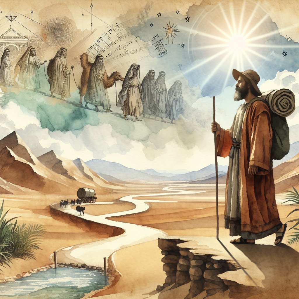 Illustrate the Apostle Paul's missionary journey outlined in Romans 15:22-33 — especially how it relates to Delays, Detours, and Divine Timing: Following God’s Plans
Imagine a scenic watercolor painting capturing a monumental journey. The central figure is an early Christian man, donned in traditional Jewish attire of the first century, journeying across rugged and uncharted lands. There are ambient elements symbolizing delays and detours, like a sandstorm approaching or an unexpected river crossing. Divine timing could be depicted as the sun perfectly positioned to guide the way, or a star sparkling brighter than the rest above. The scene is thought-provoking yet reverent, subtly embodying the faith and resilience of early Christianity.