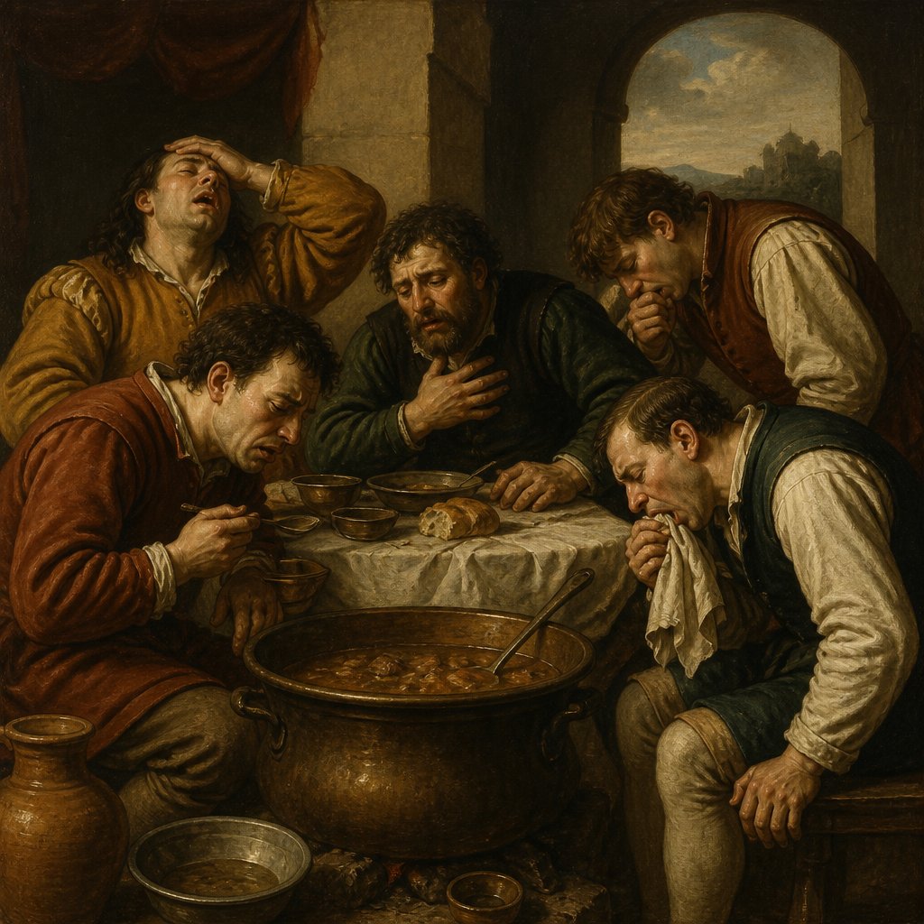 Men sitting around the pot and eating stew, but feeling sick