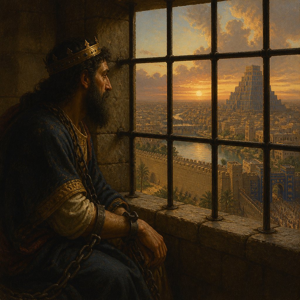 King Hoshi of Israel in prison, looking out through the iron bars at Babylon