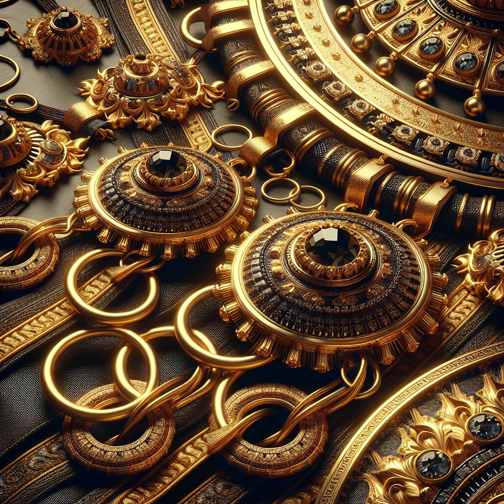 Exodus 39:16 - "And they made two ouches of gold, and two gold rings; and put the two rings in the two ends of the breastplate."
Generate a digital art-style image based on the description from Exodus 39:16 - 'And they made two ouches of gold, and two gold rings; and put the two rings in the two ends of the breastplate.' The image will feature two ornate clasps made of gold, and two gold rings. These objects are arranged such that the two rings are attached to two ends of a handcrafted breastplate. Focus on capturing the luxurious and sacred ambiance through the use of digital art techniques, including a radiant color scheme of gold and other rich hues for a noble and holy atmosphere.