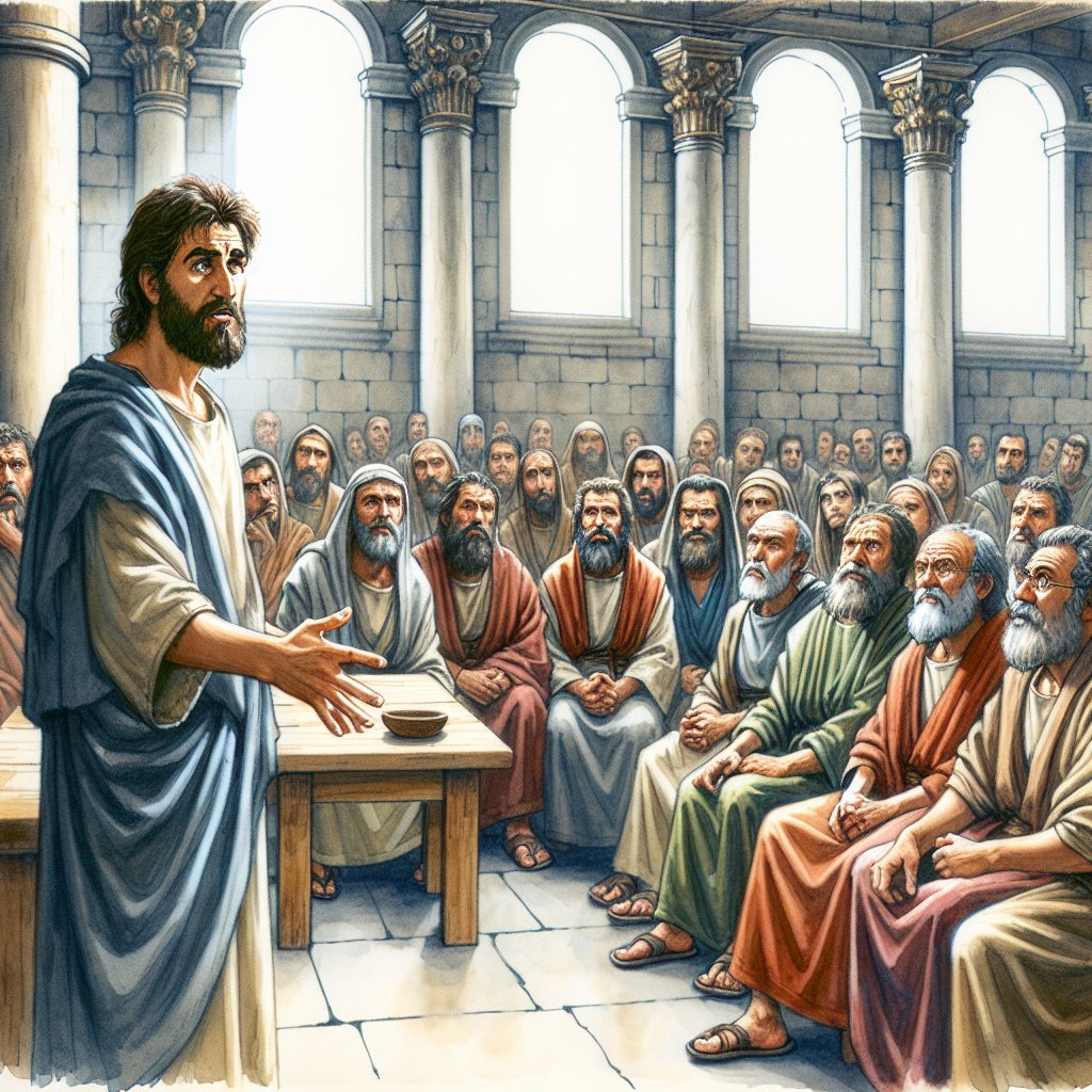 Acts 23:1 Then Paul, looking earnestly at the council, said, “Men and brethren, I have lived in all good conscience before God until this day.”
An image painted in watercolor style, depicting a setting from the ancient biblical era. The focal point is a middle-eastern man, presumed to be Paul, earnestly addressing a council comprised of diverse descent male figures. His posture, facial expression, and body language convey genuine sincerity and steadfastness. The council members react with varied expressions, demonstrating attention, skepticism, surprise, or understanding. The environment is respectful and solemn, perhaps inside an architectural structure of the time, resonating the essence of devotional Christianity. No text or words are present in the image.