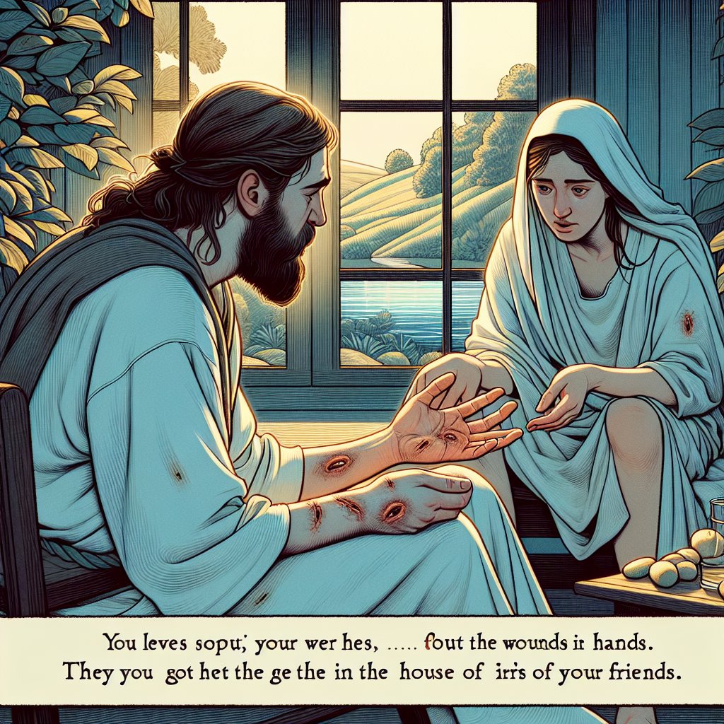 Zechariah 13:6 - "And one shall say unto him, What are these wounds in thine hands? Then he shall answer, Those with which I was wounded in the house of my friends."
An interpretation of Zechariah 13:6 from the Bible. The scene depicts a conversation where one person is asking another about the wounds in their hands. The person with the wounds responds by saying they got them in the house of their friends. The conversation takes place in a serene environment with a sense of tranquility despite the subject matter. The style should be digital art, with crisp lines, bold colors, and contrasting elements to highlight the poignancy of the scene.