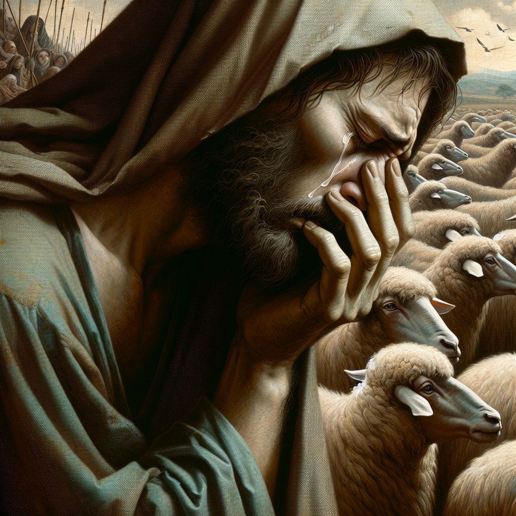Jeremiah 13:17 But if you will not hear it, My soul will weep in secret for your pride; My eyes will weep bitterly And run down with tears, Because the Lord's flock has been taken captive.
Create a Renaissance styled painting that conveys the essence of Jeremiah 13:17, portraying a sorrowful figure deeply immersed in their own solitude. This figure should be seen weeping bitterly, their tears flowing freely. The background should depict a shepherd's flock, distressed and scattered, symbolizing they've been taken captive. No text or words should be included in this art. The overall feel of the artwork should embody a respectful and devotional tone towards Christianity.
