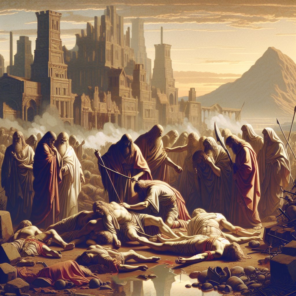 Genesis 34:27 - "The sons of Jacob came upon the slain, and spoiled the city, because they had defiled their sister."
Create an image depicting a scene from Genesis 34:27 - 'The sons of Jacob come upon the slain, and spoil the city, because they had defiled their sister.' Display this representation in a format reflecting the digital art aesthetic. This is to visualize the biblical narrative in a modern, digital presentation.