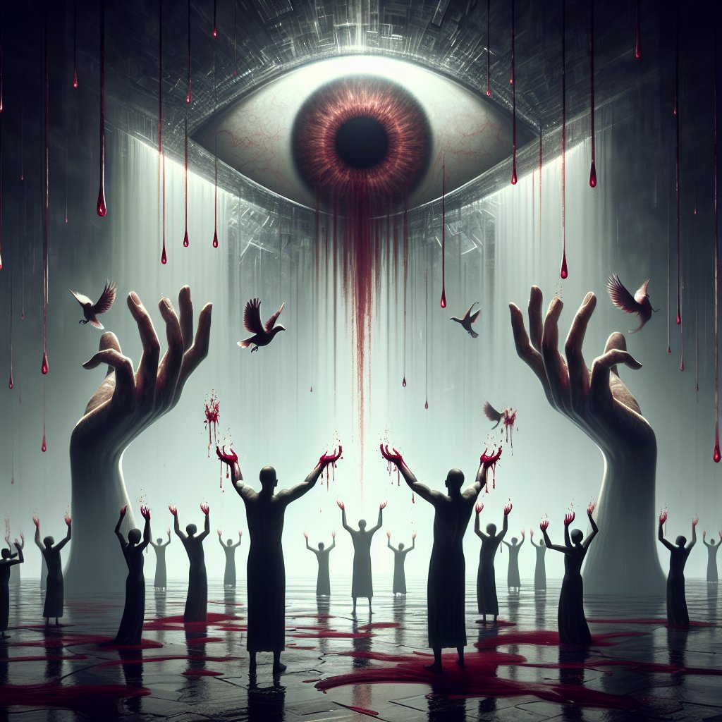 Isaiah 1:15 - "And when ye spread forth your hands, I will hide mine eyes from you: yea, when ye make many prayers, I will not hear: your hands are full of blood."
Visualize a poignant representation of a verse from Isaiah 1:15, 'And when ye spread forth your hands, I will hide mine eyes from you: yea, when ye make many prayers, I will not hear: your hands are full of blood.' The image depicts silhouetted figures spreading their hands upwards, while from their hands, droplets of crimson blood fall. Above them, an ethereal eye fades into the distance, indicating a divine spectator turning away. The setting is dramatic with a dark background. Despite the modern setting, retain a sense of timelessness, as if this scene could occur in any era. The primary medium is digital art.