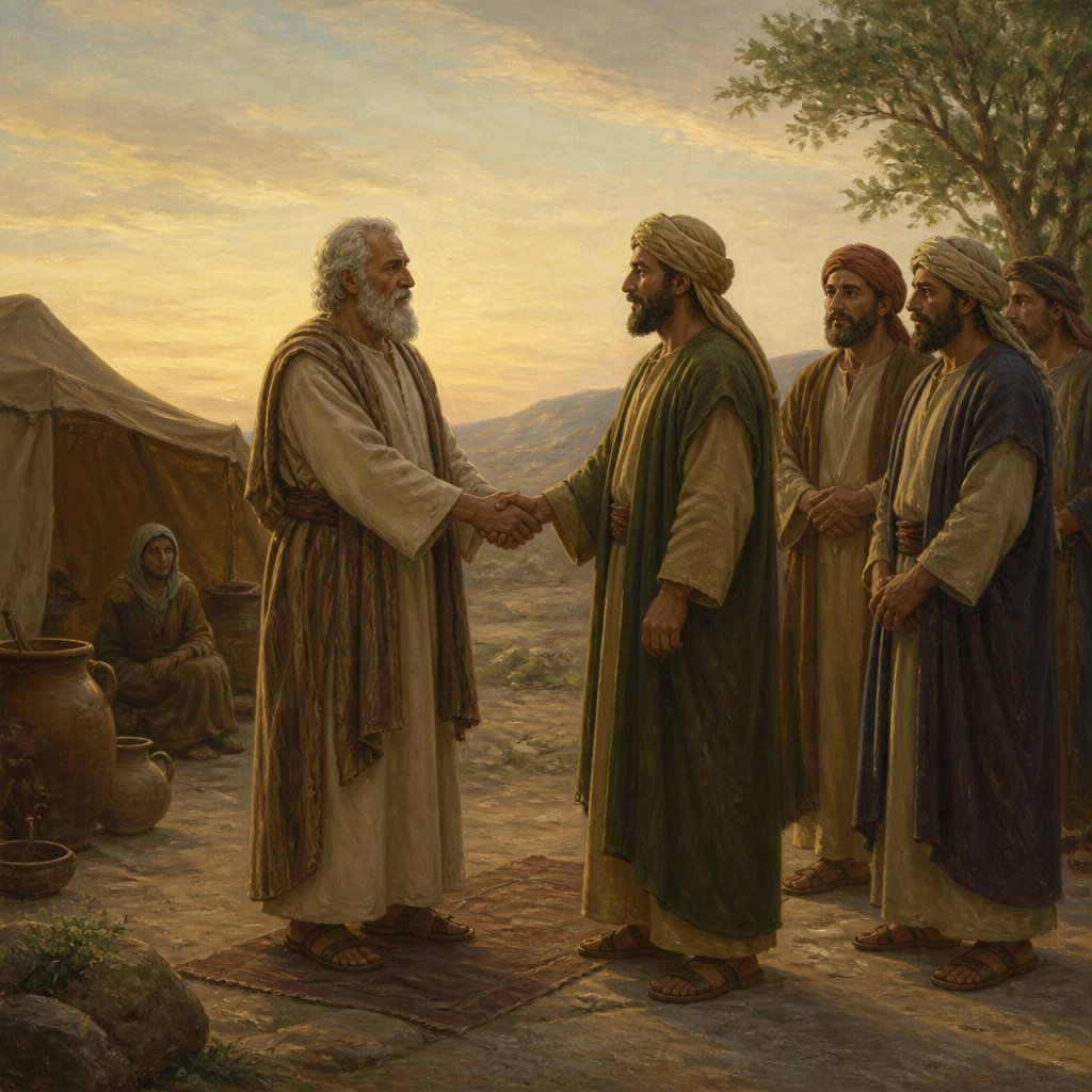"And they rose up betimes in the morning, and sware one to another: and Isaac sent them away, and they departed from him in peace." - Genesis 26:{verse.verse_number}