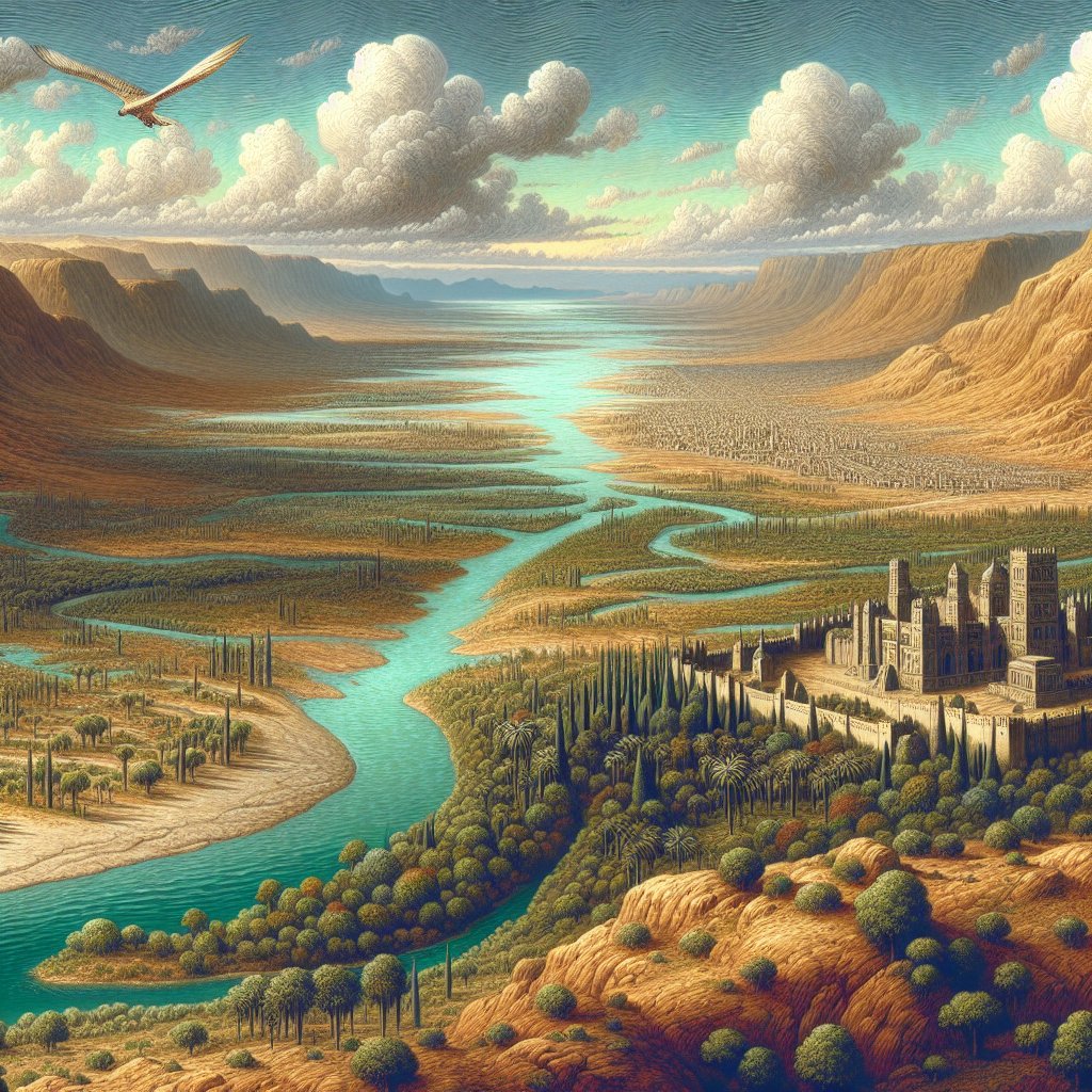 Ezekiel 48:28 - "And by the border of Gad, at the south side southward, the border shall be even from Tamar unto the waters of strife in Kadesh, and to the river toward the great sea."
Create a digital art style representation of a biblical landscape as described in Ezekiel 48:28. Begin with the border of an ancient city on the south side, stretched out from the lush region of Tamar until it reaches the troubled waters in an area known as Kadesh. The scene then spans towards a river that gently flows in the direction of an expansive and magnificent sea.