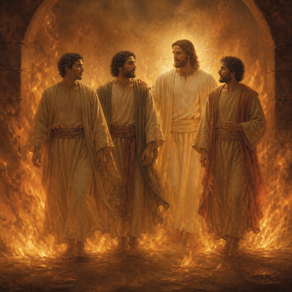 "He answered and said, Lo, I see four men loose, walking in the midst of the fire, and they have no hurt; and the form of the fourth is like the Son of God." - Daniel 3:{verse.verse_number}