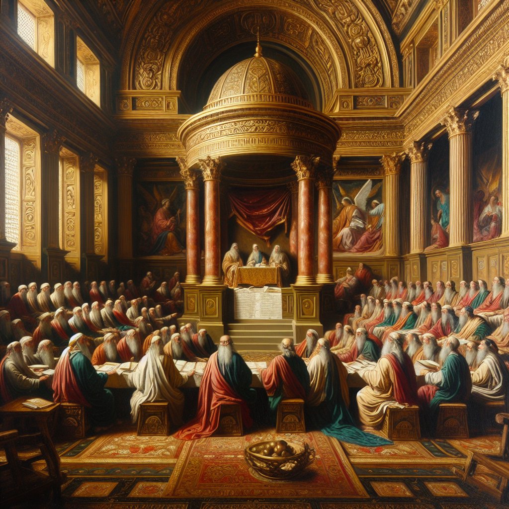 Ezekiel 40:46 (KJVA)
46 And the chamber whose prospect is toward the north is for the priests, the keepers of the charge of the altar: these are the sons of Zadok among the sons of Levi, which come near to the LORD to minister unto him.
Create a respectful and devotional artwork set in the renaissance era inspired by a Biblical story from the book of Ezekiel, specifically chapter 40, verse 46. The painting should depict a chamber oriented towards the north that is inhabited by priests who are known as the sons of Zadok. These priests, hailing from the tribe of Levi, are shown as the keepers of the charge of the altar, approaching the divine to minister unto him. No text or words should appear in the image. The elements should all contribute to the overall devotional tone of the artwork, and the medium should mimic that of a traditional oil painting of the renaissance period.