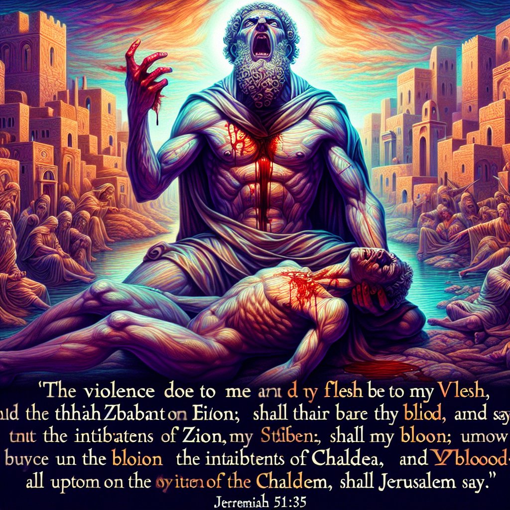 Jeremiah 51:35 - "The violence done to me and to my flesh be upon Babylon, shall the inhabitant of Zion say; and my blood upon the inhabitants of Chaldea, shall Jerusalem say."
An illustrative depiction of the verse from Jeremiah 51:35 - 'The violence done to me and to my flesh be upon Babylon, shall the inhabitant of Zion say; and my blood upon the inhabitants of Chaldea, shall Jerusalem say.' The imagery should suggest conflict and emotional intensity. The image must be rich with the aesthetics of ancient cities like Babylon, Zion, and Chaldea, and evoke the spiritual undertones of the verse. All should be translated into the style of digital art.