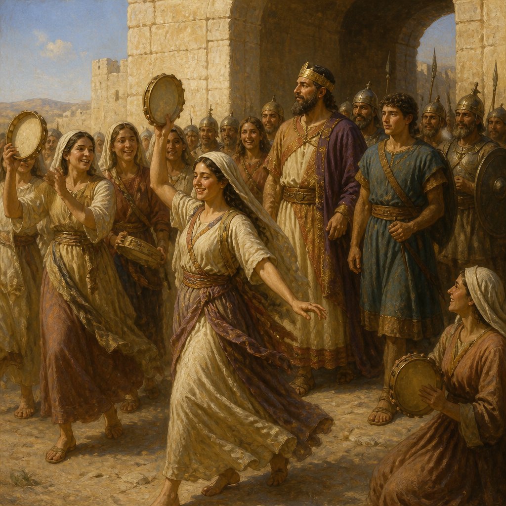 "And it came to pass as they came, when David was returned from the slaughter of the Philistine, that the women came out of all cities of Israel, singing and dancing, to meet king Saul, with tabrets, with joy, and with instruments of musick." - 1 Samuel 18:{verse.verse_number}
