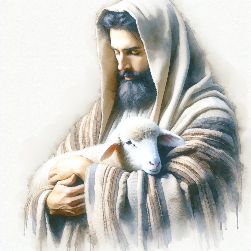 Jesus holding a sheep
Generate an image in a respectful manner of a Biblical figure, clad in a traditional robe, holding a sheep in his arms. The image should be depicted in the style of a watercolor painting, using soft brush strokes and subtle, calming hues. It should resemble the kind of art and imagery found in Biblical representations, but without including any specific text or words.