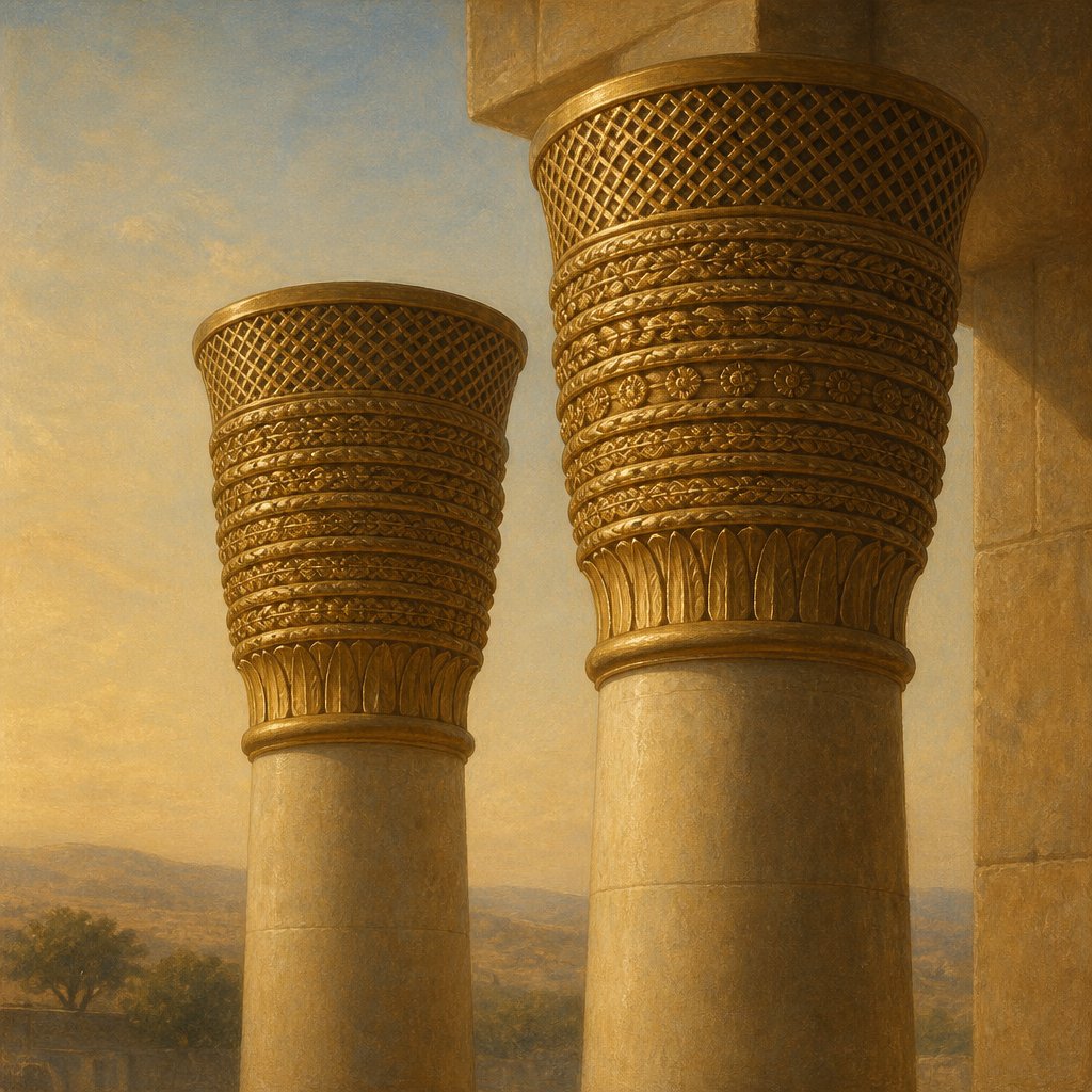 "And nets of checker work, and wreaths of chain work, for the chapiters which were upon the top of the pillars; seven for the one chapiter, and seven for the other chapiter." - 1 Kings 7:{verse.verse_number}