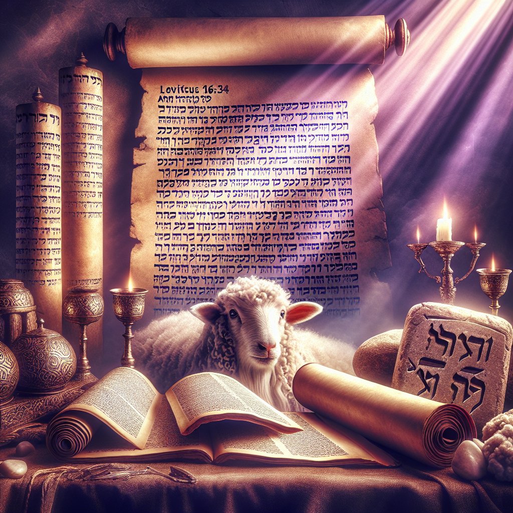 Leviticus 16:34 - "And this shall be an everlasting statute unto you, to make an atonement for the children of Israel for all their sins once a year. And he did as the LORD commanded Moses."
Create a digital art representation of Leviticus 16:34 'And this shall be an everlasting statute unto you, to make an atonement for the children of Israel for all their sins once a year. And he did as the LORD commanded Moses.' Picture this scene as coming to life with vibrant contrasts and dramatic playing of light and shadow. There are ancient scrolls unrolling with Hebrew inscriptions, symbolizing the laws of the Old Testament, a stone tablet signifying the Law given to Moses and an image of a lamb to represent atonement.