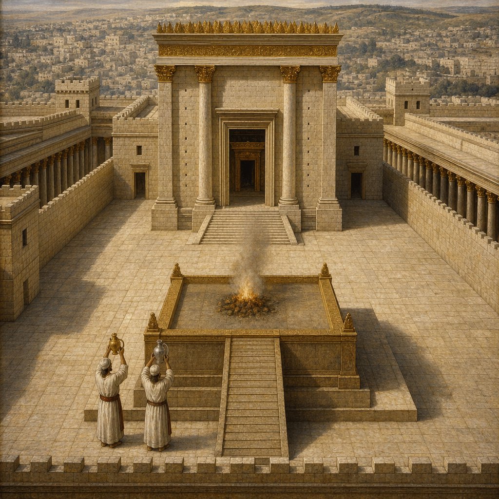from a north facing perspective, draw an image of the 1st century Jerusalem temple along with the altar that is located on it's east side (the temple faces the altar). the altar has a ramp located on its south side by which the priests are able to ascend it. on the southwest corner of the altar's outer wall, two priests will be standing, one with a gold pitcher raised up over his head and the other with a silver pitcher raised over his head.