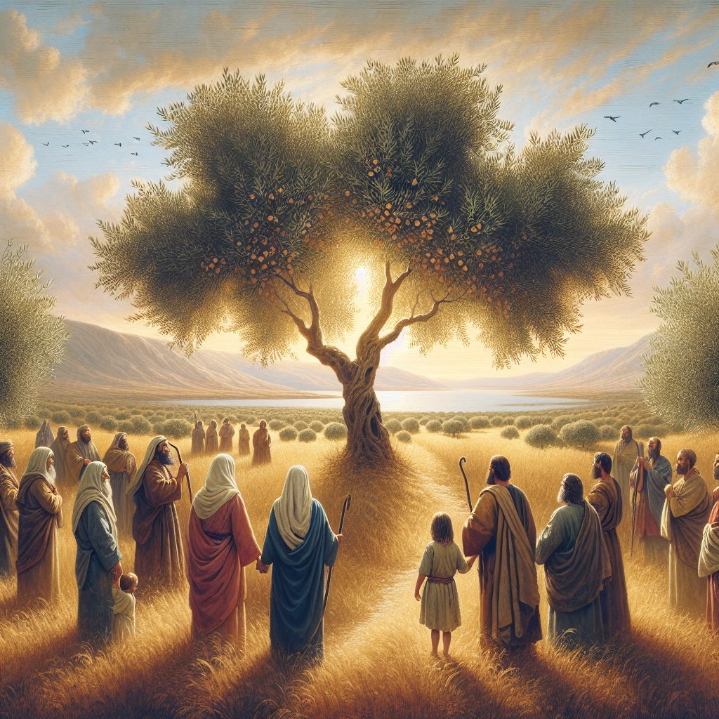 Hosea 1:2-11;2:14;3:5
Generate a digital art piece that visually captures key narratives from the biblical passages of Hosea 1:2-11, 2:14, and 3:5. The scene should express reverence and devotion to Christianity, and must be free of any text or words. Please integrate elements such as symbolic olive trees, a loving partnership, children, and a promising landscape into a cohesive, evocative design.
