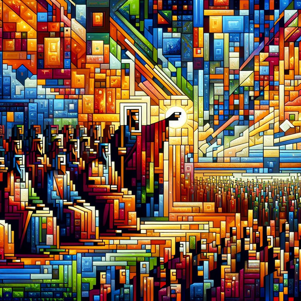 1 Samuel 13:14 - "But now thy kingdom shall not continue: the LORD hath sought him a man after his own heart, and the LORD hath commanded him to be captain over his people, because thou hast not kept that which the LORD commanded thee."
Display a vivid, digital art scene inspired by the verse 1 Samuel 13:14. Showcase an abstract portrayal of a kingdom failing to endure, due to divine intervention. Highlight a man, chosen by divine forces, being appointed as the leader over people, in the wake of disobedience to divine commandments. Try to encapsulate these rich narratives with strong, contrasting colors, geometric forms and pixelated details, resembling the aesthetic of digital art.