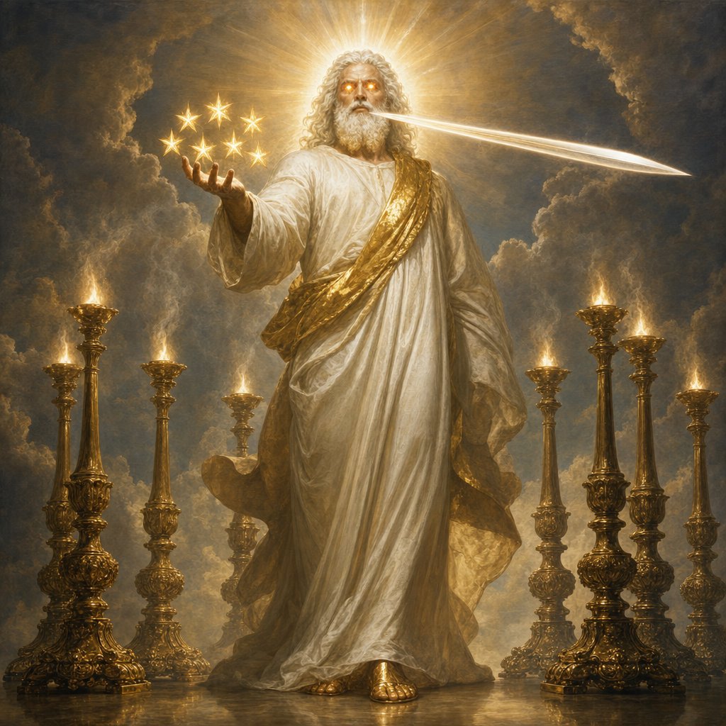 I saw seven golden lampstands, and in the midst of the lampstands I saw one like the Son of Man, clothed with a long robe and with a golden sash across his chest. His head and his hair were white as white wool, white as snow; his eyes were like a flame of fire; 15 his feet were like burnished bronze, refined as in a furnace, and his voice was like the sound of many waters. In his right hand he held seven stars, and from his mouth came a sharp, two-edged sword, and his face was like the sun shining with full force.