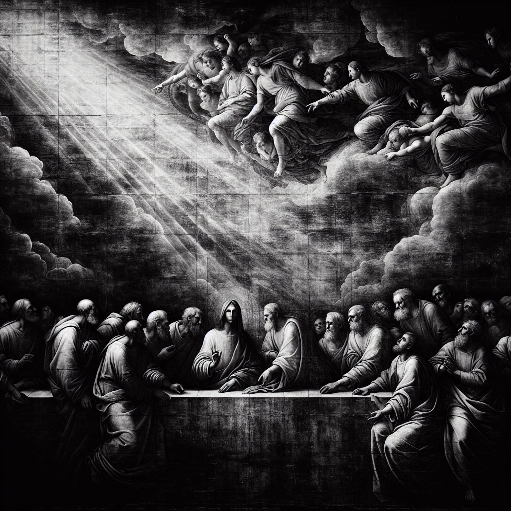 Wall
A monochrome, dramatic and contrast-filled depiction of a wall with a Christian theme. This is reminiscent of the chiaroscuro technique synonymous with Renaissance era where the technique was frequently employed. It should emanate feelings of devotion, respect, and reverence without the use of any text or words