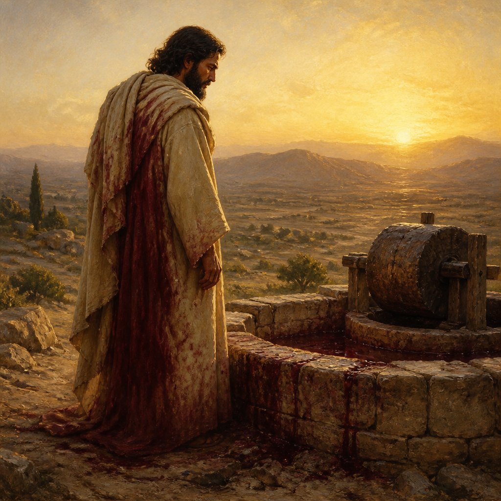 "I have trodden the winepress alone; and of the people there was none with me: for I will tread them in mine anger, and trample them in my fury; and their blood shall be sprinkled upon my garments, and I will stain all my raiment." - Isaiah 63:3