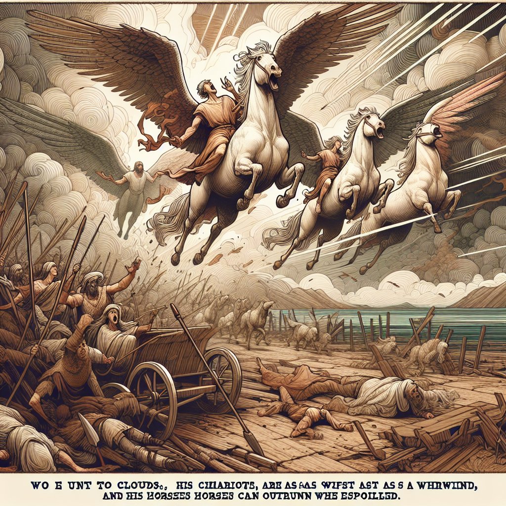 Jeremiah 4:13 - "Behold, he shall come up as clouds, and his chariots shall be as a whirlwind: his horses are swifter than eagles. Woe unto us! for we are spoiled."