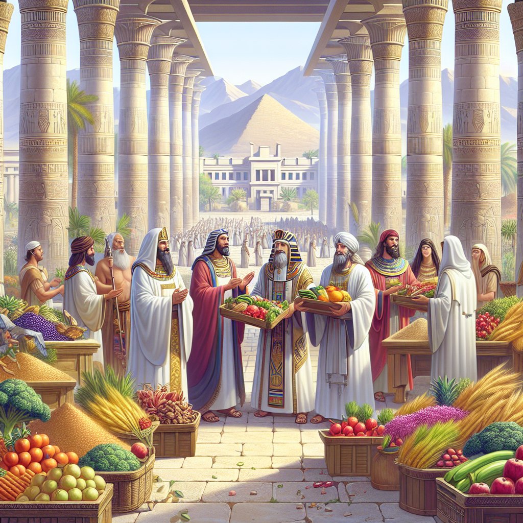 Genesis 47:22 - "Only the land of the priests bought he not; for the priests had a portion assigned them of Pharaoh, and did eat their portion which Pharaoh gave them: wherefore they sold not their lands."
Depict a scene inspired by Genesis 47:22 from the Bible. Illustrate an expansive, fertile land untouched by sales, owned by priests. Include the priests, dressed in historical attire, receiving bountiful portions of exotic produce and grains from the Pharaoh. Feature expressions of gratitude on their faces. The Pharaoh, himself, should be present in the scene, bestowing the gifts with a magnanimous aura. The architectural backdrop should hint at ancient Egypt, with prominent pyramids and obelisks. Render this scene in a digital art style, using bright and vibrant colors. Remember to emulate the feel of a historical narrative in your design.