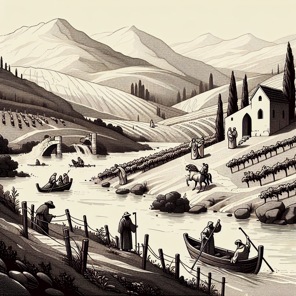 Job 24:18 - "He is swift as the waters; their portion is cursed in the earth: he beholdeth not the way of the vineyards."
Illustrate a scene inspired by the biblical verse Job 24:18 - 'He is swift as the waters; their portion is cursed in the earth: he beholdeth not the way of the vineyards.' Highlight the elements of rapid waters, a land that seems cursed and neglected vineyards. Let this be in the style of early 20th-century digital art, focusing on simple shapes and minimalistic design.