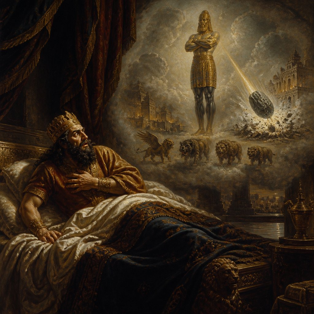 King Nebuchadnezzar in his bed scared of the dreams and visions