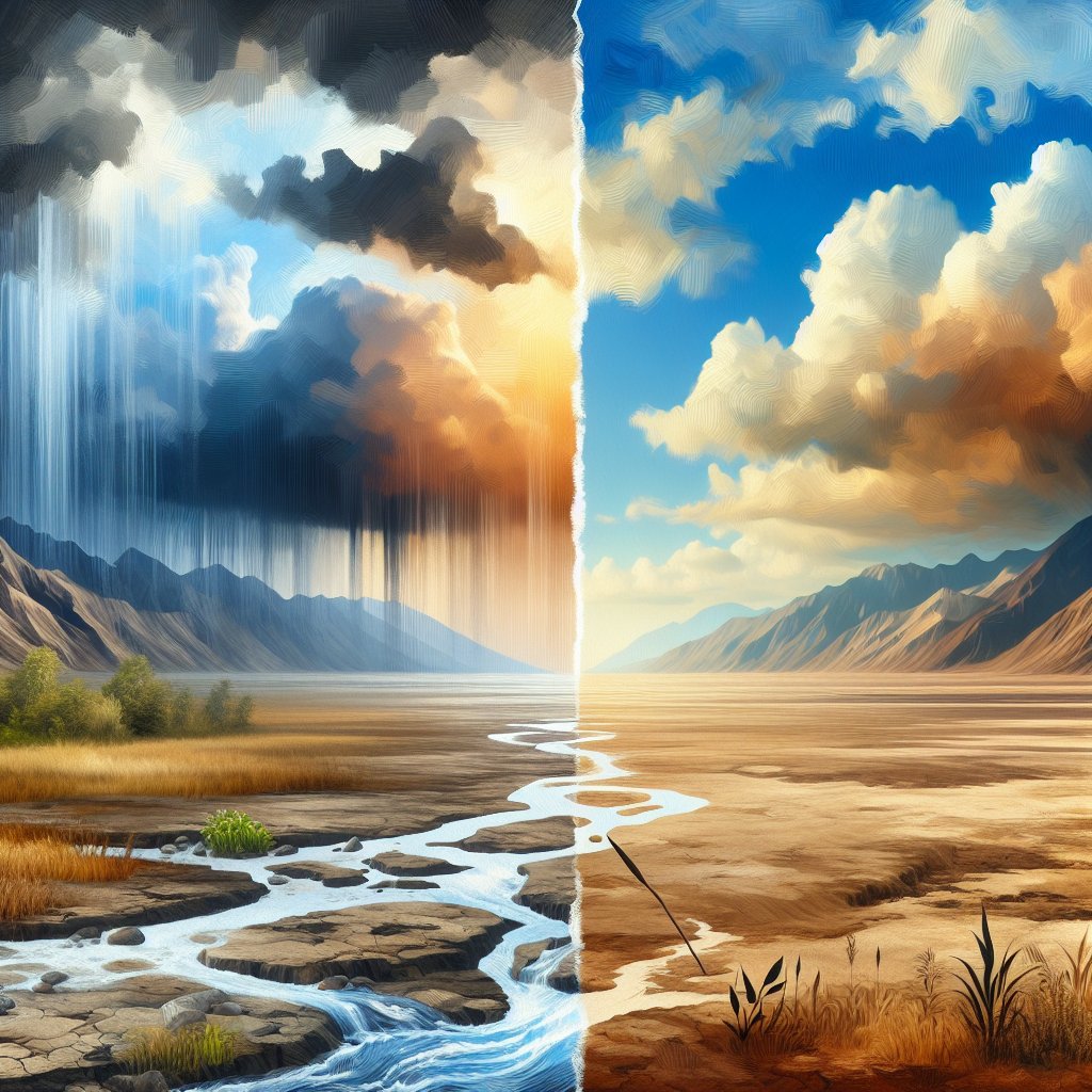 Genesis 8:14 - "And in the second month, on the seven and twentieth day of the month, was the earth dried."
An interpretation of the biblical verse Genesis 8:14 - 'And in the second month, on the seven and twentieth day of the month, was the earth dried.' depicting a change in the landscape where wet, muddy earth transforms to a dry, arid land under a sky changing from stormy clouds to clear and sunny. This transformation is highlighted with contrasting color palettes. Use a modern interpretation while maintaining biblical elements, executed in digital art style.