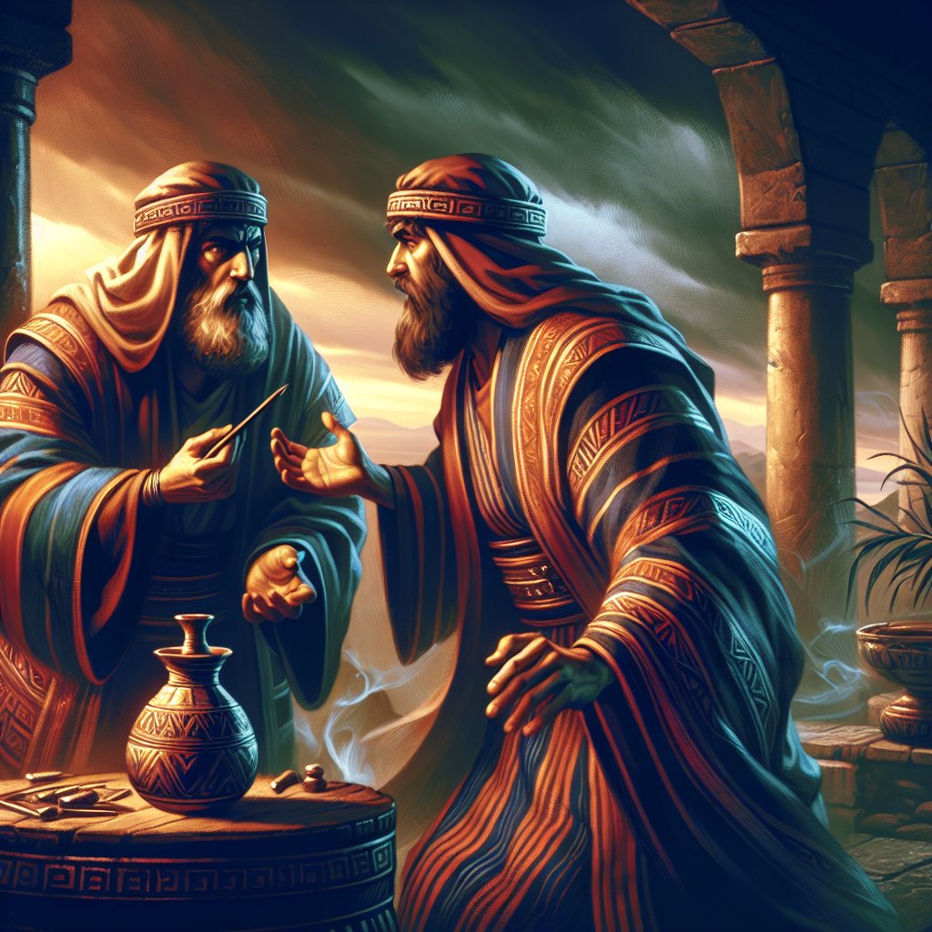 Genesis 31:26 - "And Laban said to Jacob, What hast thou done, that thou hast stolen away unawares to me, and carried away my daughters, as captives taken with the sword?"
Depict a scene inspired by Genesis 31:26 from the Bible. This scene is set in the ancient Middle East and features two men engaged in intense conversation. The man named Laban is accusing the other, Jacob, of secretly fleeing and taking his daughters away. A dramatic aura surrounds the scene, hinting at the heated argument and alleged accusation of 'stolen away unawares'. Keep the style in line with the modern aesthetics of digital art.