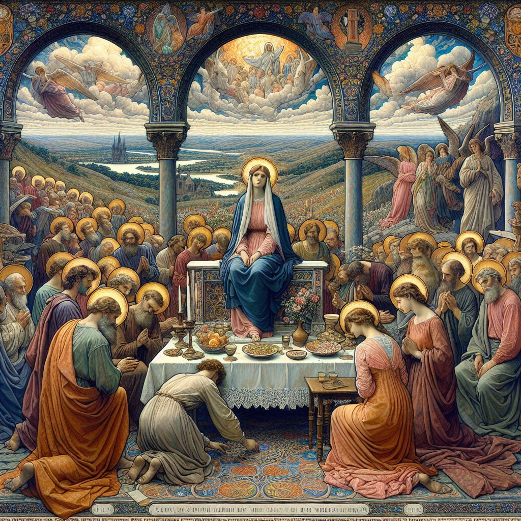 Psalm 49
Visual representation of Psalm 49, portrayed in a style reminiscent of the highly detailed and colorful compositions common to the Pre-Raphaelite Brotherhood, which was active during the 19th century. The scene should be imbued with a devout and respectful atmosphere, consistent with Christian themes. The essence of the Psalm should be represented pictorially without the use of text or words.