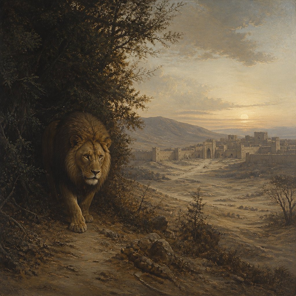 "The lion is come up from his thicket, and the destroyer of the Gentiles is on his way; he is gone forth from his place to make thy land desolate; and thy cities shall be laid waste, without an inhabitant." - Jeremiah 4:{verse.verse_number}