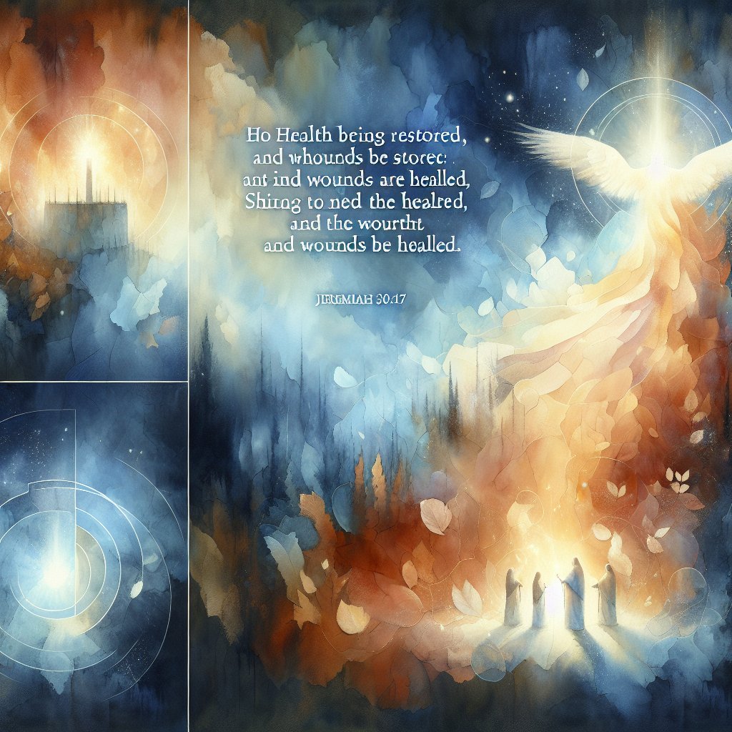 For I will restore health unto thee, and I will heal thee of thy wounds, saith the LORD; because they called thee an Outcast, saying, This is Zion, whom no man seeketh after." - Jeremiah 30:17
A devotional and respectful artwork, inspired by Christianity. The concept is based on Jeremiah 30:17 scripture, emphasizing the theme of healing and restoration, speaking of health being restored and wounds healed, embodied in a visual metaphor. The image showcases a symbolic representation of Zion as a light, shining amid darkness, portraying a sense of hope and faith. The medium used is reminiscent of watercolor techniques with soft transitions, fluid dynamics, and a delicate play of light and shadows. Ensure there is no text or words present in the image.