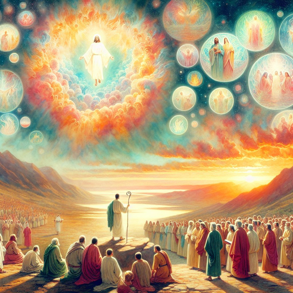 Matthew 11: 11 “Assuredly, I say to you, among those born of women there has not risen one greater than John the Baptist; but he who is least in the kingdom of heaven is greater than he.
Craft the scene from the biblical context where a crowd of people are gathered in a serene desert landscape, attentively listening to a humble, dignified figure preaching, who might be interpreted as John the Baptist based on his simple attire and a staff. Surround this figure with radiant nimbus reflecting divinity. Also, depict a symbolic representation of 'the kingdom of heavens' as a vibrant, majestic, transcendent realm above, shimmering with surreal hues. Render this entire solemn scene in a style resembling watercolor paintings of the late 1800s. The art must express a heartfelt sense of devotion to Christianity.
