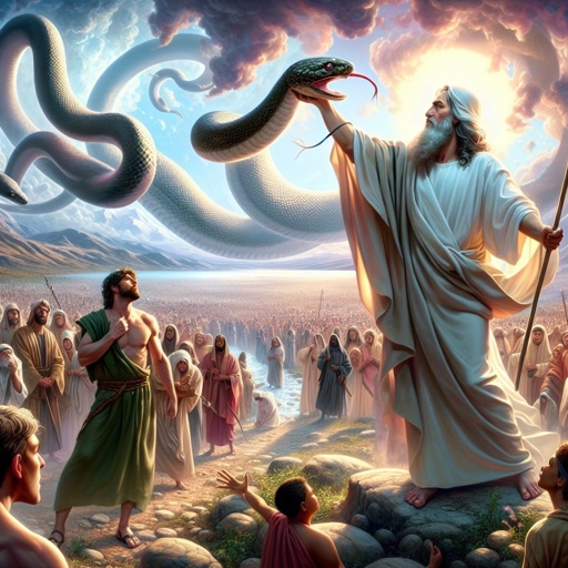 John 3:14-15 - "And as Moses lifted up the serpent in the wilderness, even so must the Son of man be lifted up: That whosoever believeth in him should not perish, but have eternal life."

An image interpreting John 3:14-15 from the Bible: 'And as Moses lifted up the serpent in the wilderness, even so must the Son of man be lifted up: That whosoever believeth in him should not perish, but have eternal life'. The scene features Moses in the wilderness, holding a serpent high in his hands. In a similar pose, the Son of man is also depicted as being 'lifted up' in a symbolic manner. The background is filled with people of diverse descents and genders, all looking towards these figures in faith and hope. The art style is inspired by digital art and radiates an ethereal and surreal quality.