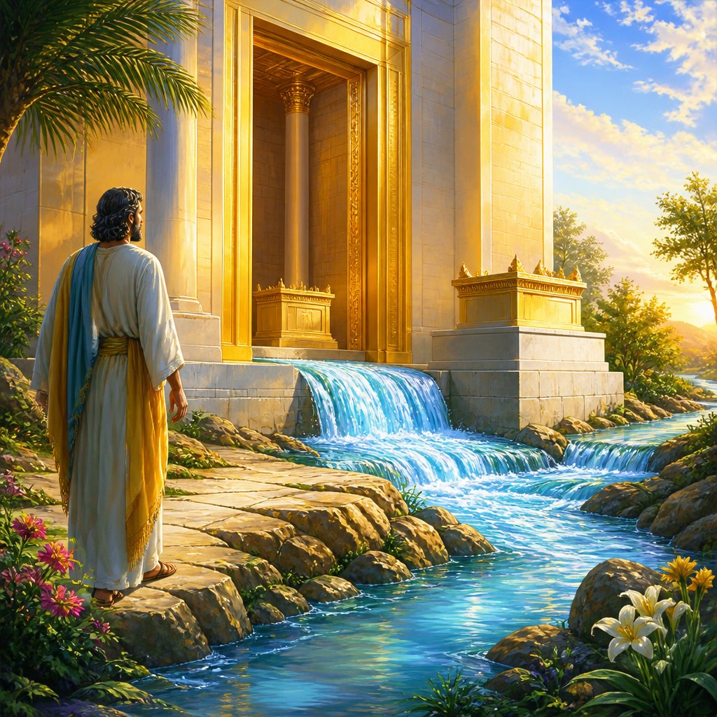 "Afterward he brought me again unto the door of the house; and, behold, waters issued out from under the threshold of the house eastward: for the forefront of the house stood toward the east, and the waters came down from under from the right side of the house, at the south side of the altar." - Ezekiel 47:1