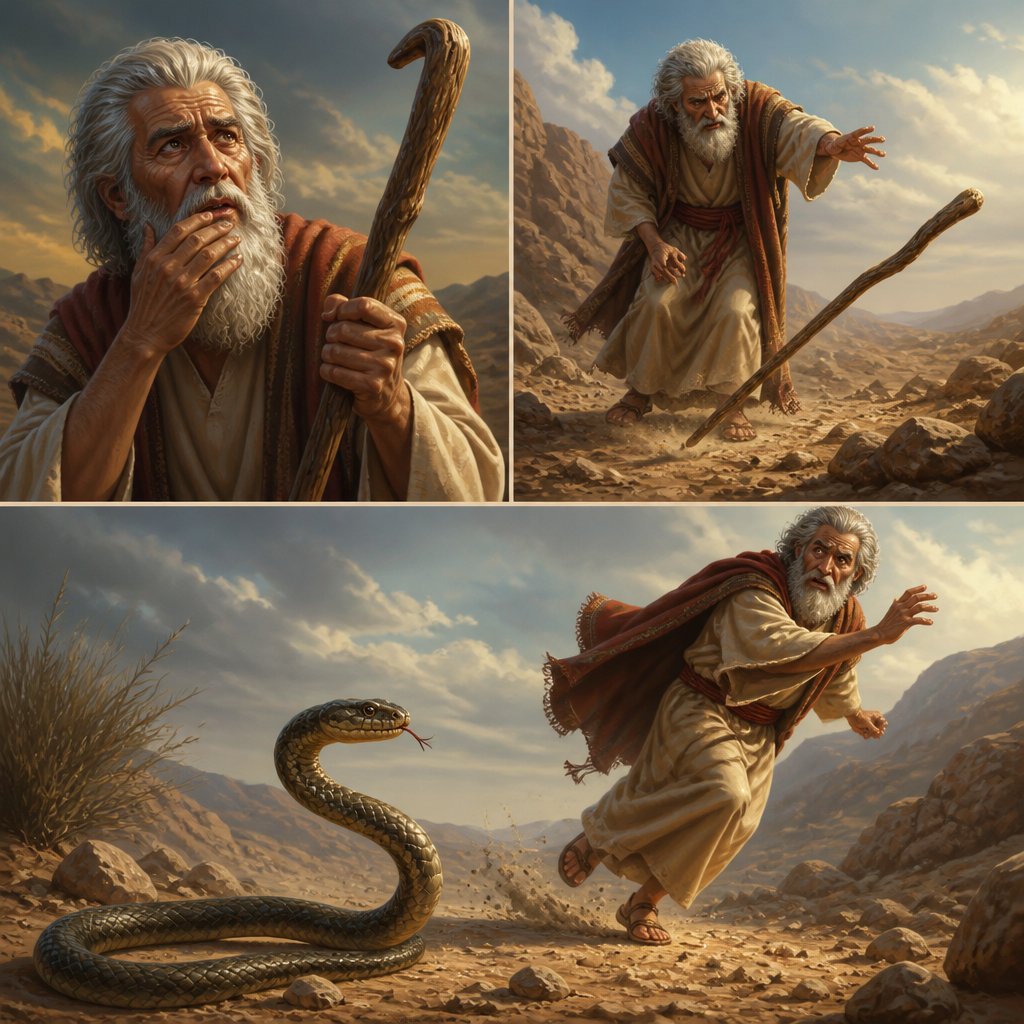 Moses answered, “What if they do not believe me or listen to me and say, ‘The Lord did not appear to you’?”
2 Then the Lord said to him, “What is that in your hand?”
“A staff,” he replied.
3 The Lord said, “Throw it on the ground.”
Moses threw it on the ground and it became a snake, and he ran from it.