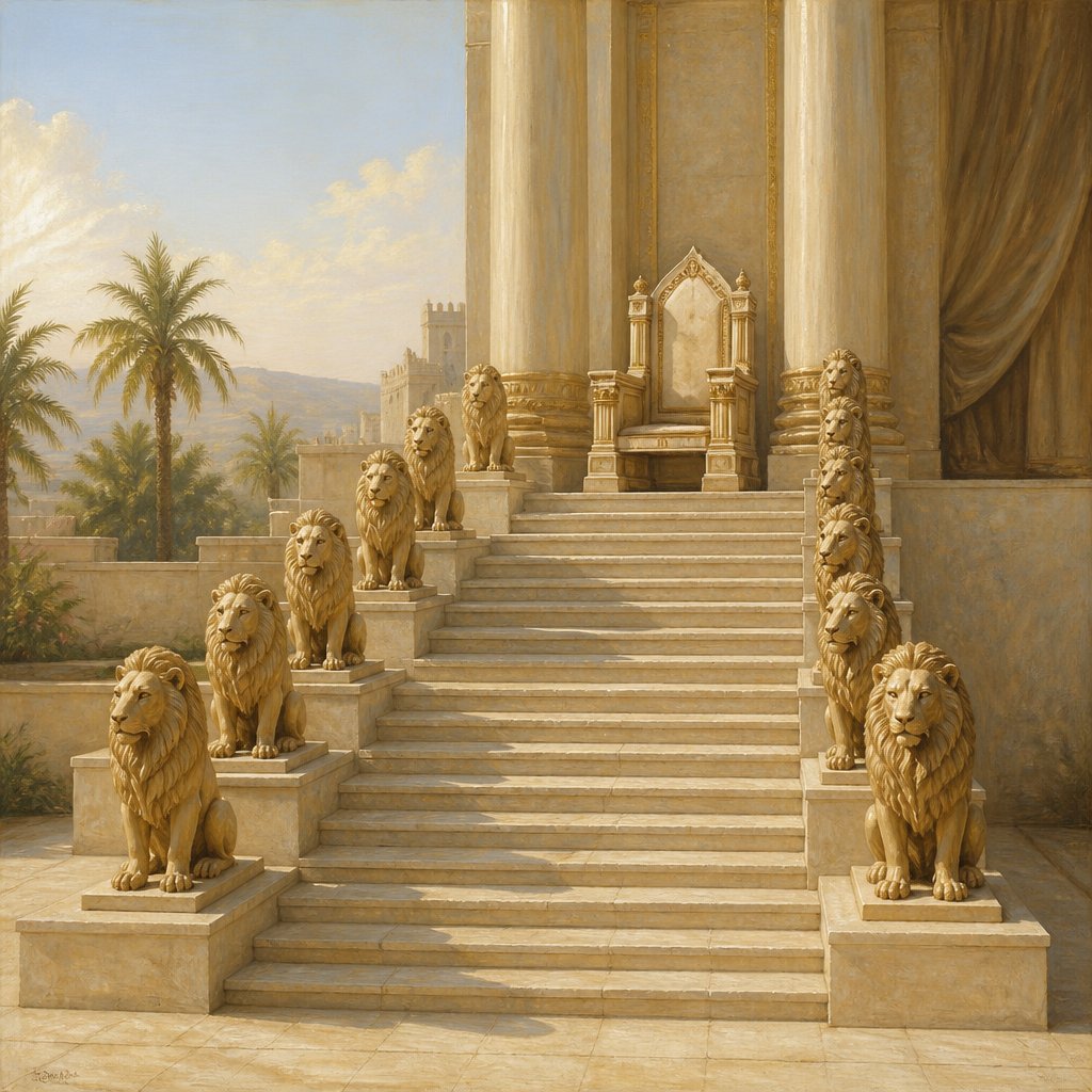 "And twelve lions stood there on the one side and on the other upon the six steps: there was not the like made in any kingdom." - 1 Kings 10:{verse.verse_number}