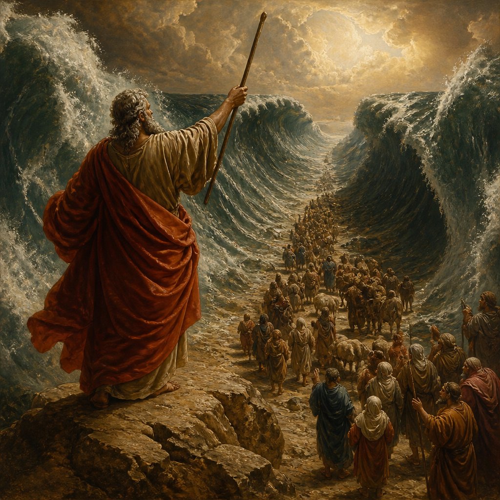An artwork of Moses splitting the seas
