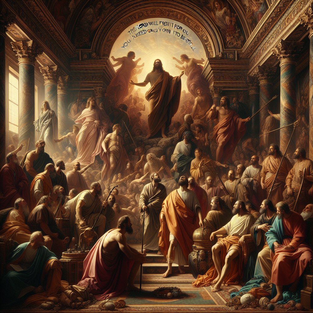Exodus 14:14 The Lord will fight for you; you need only to be still.
Create a respectful and devotional scene centred around Christianity that visually depicts the concept embodied in Exodus 14:14 from the Bible, which states 'The Lord will fight for you; you need only to be still.' The image must be created without utilising any text or words within the artwork. Though specific artist style is not applicable here, consider the essence of a calm, serene, and dignified artwork, similar to those found in Renaissance period, primarily using oil as the medium. Please ensure the art is considerate and reflective of the religious ethos.
