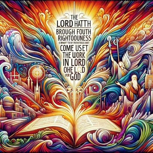 Jeremiah 51:10 - "The LORD hath brought forth our righteousness: come, and let us declare in Zion the work of the LORD our God."

An artistic rendering of a biblical passage, specifically Jeremiah 51:10 - 'The LORD hath brought forth our righteousness: come, and let us declare in Zion the work of the LORD our God.' This image should be made with the intricacy and vibrancy of digital art. It should depict a symbolic representation of Zion and the divine essence of its message. The style should be inspired by the artistry of pre-1912 artists with a spiritual depth to their work, using bright colours and strong, confident brushstrokes commonly found in digital art.