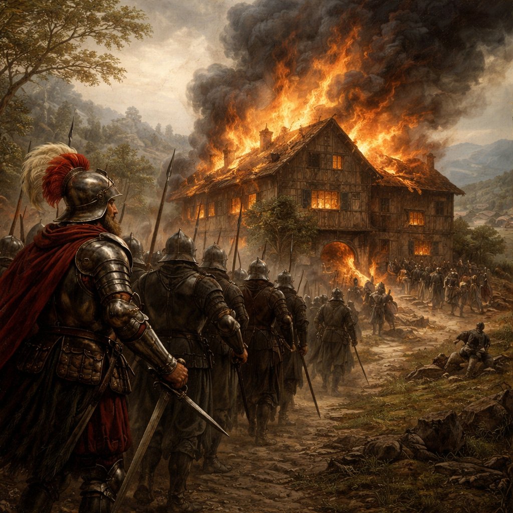 A captain and his army approaching a house that is burning down