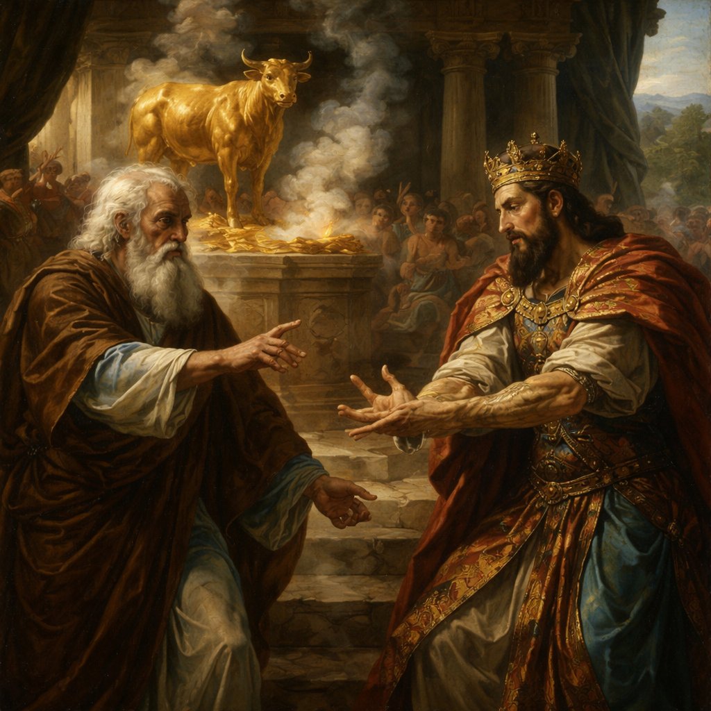 An old profit is speaking to Jeroboam. There is a golden calf idol in the background Jeroboam’s hand dries up and he cannot pull it back to himself. He looks at his injured hand with horror.