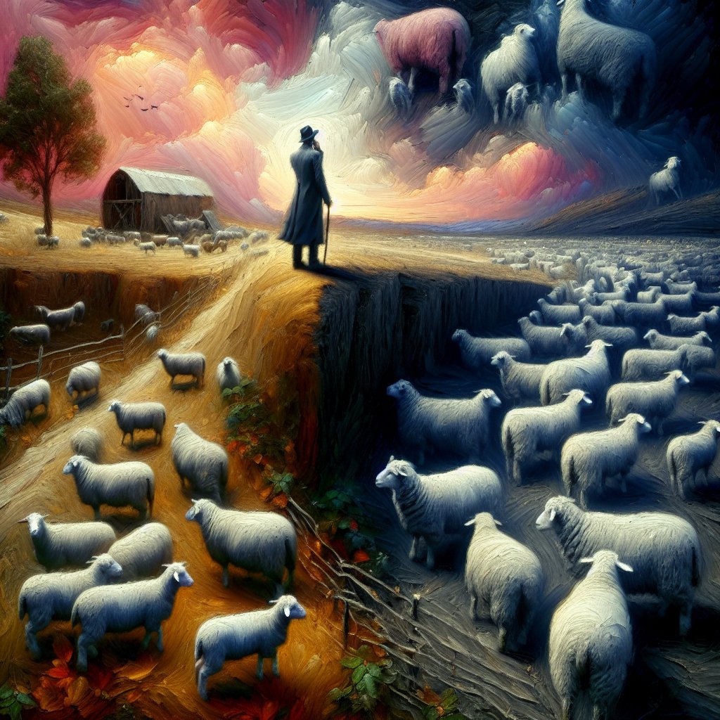 Judges 5:16 - "Why abodest thou among the sheepfolds, to hear the bleatings of the flocks? For the divisions of Reuben there were great searchings of heart."
Represent the biblical passage Judges 5:16 - 'Why abodest thou among the sheepfolds, to hear the bleatings of the flocks? For the divisions of Reuben there were great searchings of heart.' in a medium that mimics digital art. Show a rural scene with sheepfolds and flocks of sheep. Amidst this, depict a person in thoughtful contemplation, symbolizing the 'searchings of heart'. The 'divisions of Reuben' could refer to an apparent conflict or division illustrated abstractly within the figure's contemplative state or in the background of the image.