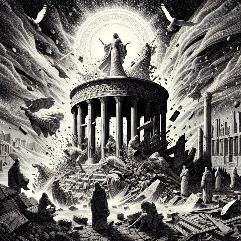 Ezekiel 16:39 - "And I will also give thee into their hand, and they shall throw down thine eminent place, and shall break down thy high places: they shall strip thee also of thy clothes, and shall take thy fair jewels, and leave thee naked and bare."
An illustration inspired by a biblical scene from the book of Ezekiel, specifically Ezekiel 16:39 - "And I will also give thee into their hand, and they shall throw down thine eminent place, and shall break down thy high places: they shall strip thee also of thy clothes, and shall take thy fair jewels, and leave thee naked and bare." This scene portrays the visceral moment of dispossession, devastation and desolation. The high places are being crumbled, clothes stripped away, and precious jewels taken, leaving bare the aftermath. This should be rendered with a digital rendering aesthetic.